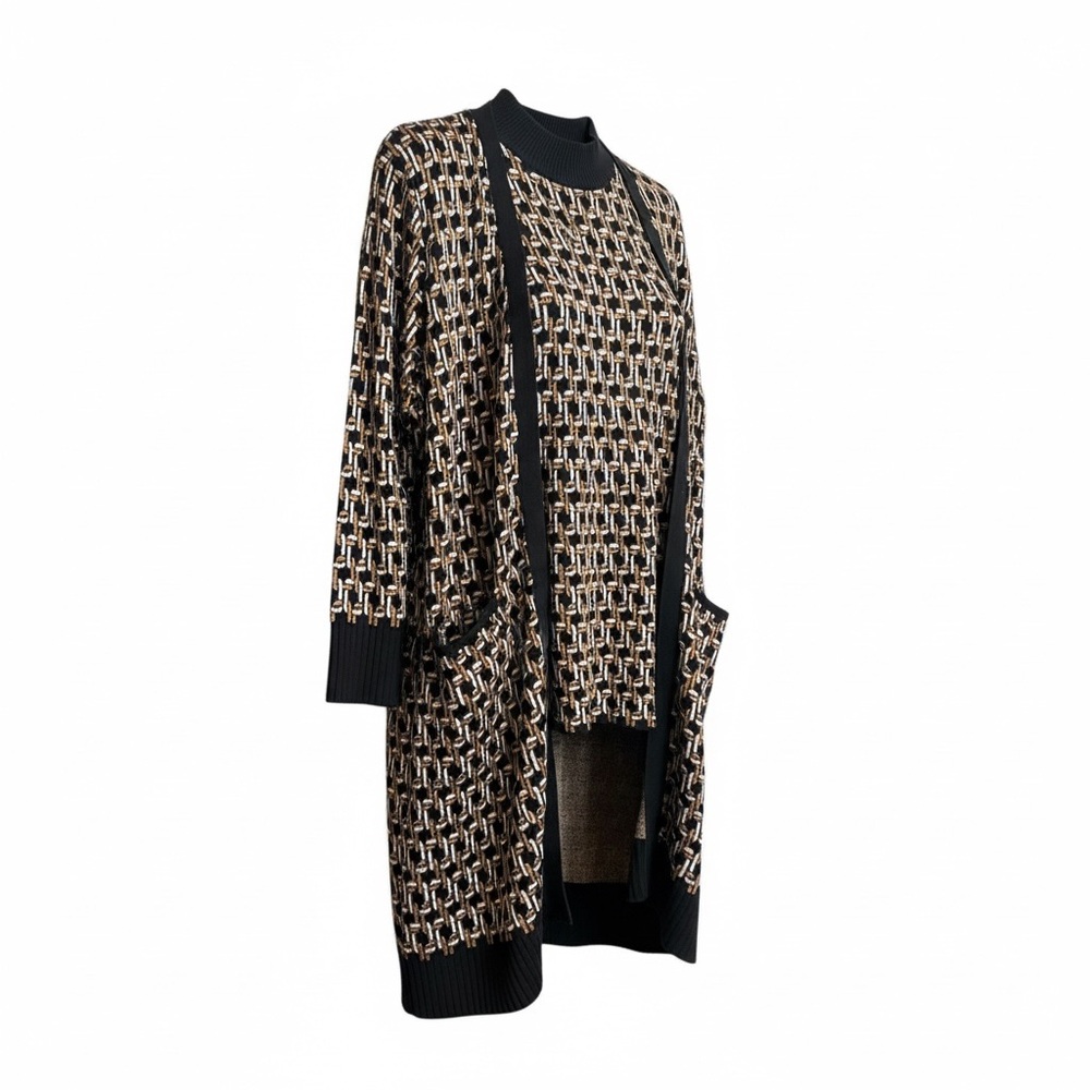 Chicos Black, Gold & White Chain Link 2 PC Open Front Cardigan Set Women's Large